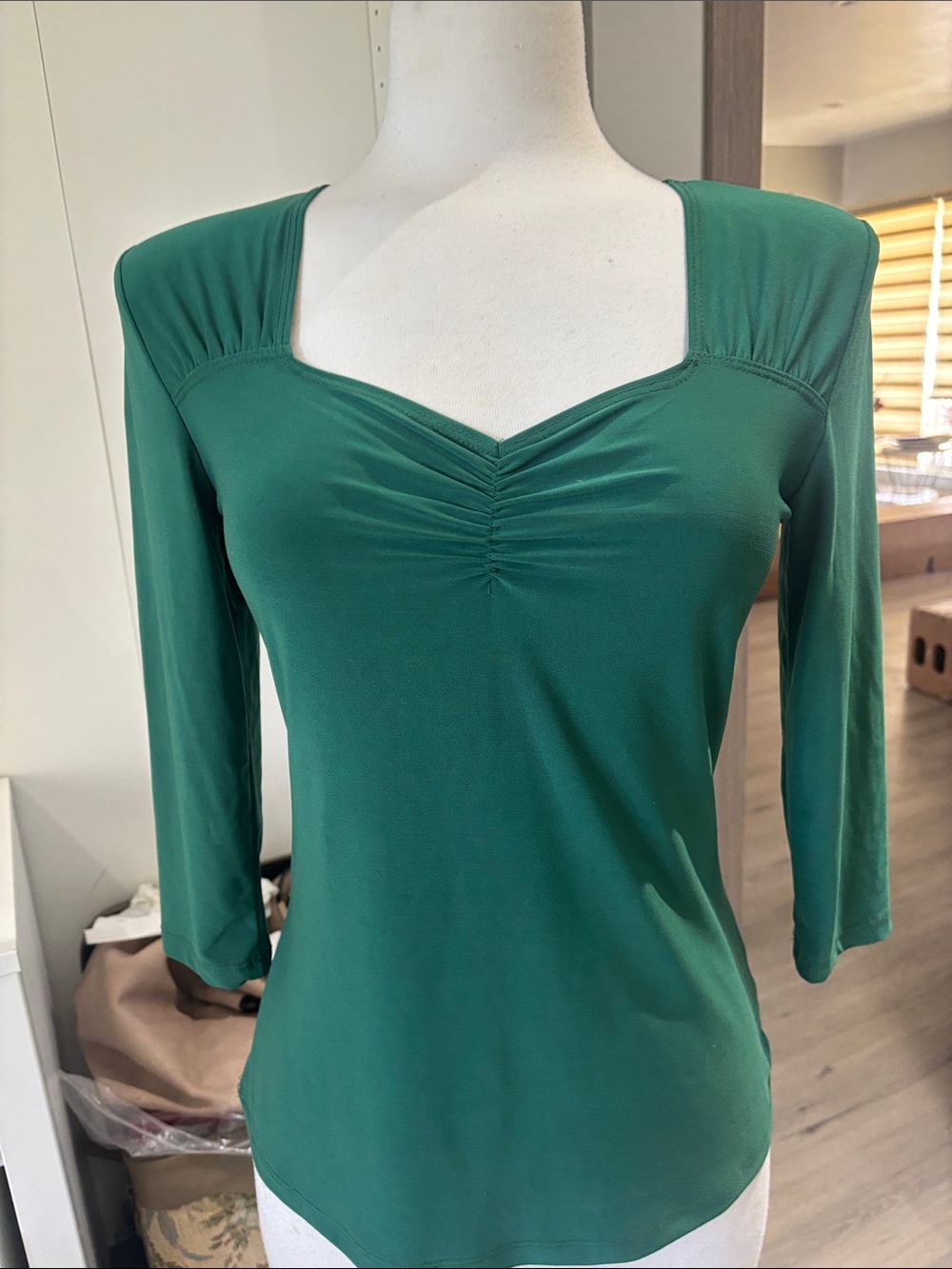 Susan Lawrence Emerald Green Ruched Square-Neck Long Sleeve Top
